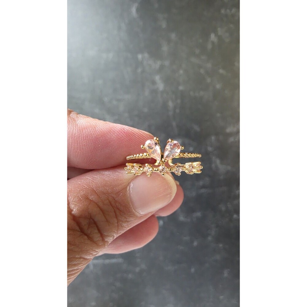 Pink Rhinestone & Gold Tone Metal Open Back Ring Size 6.25 Costume Jewelry